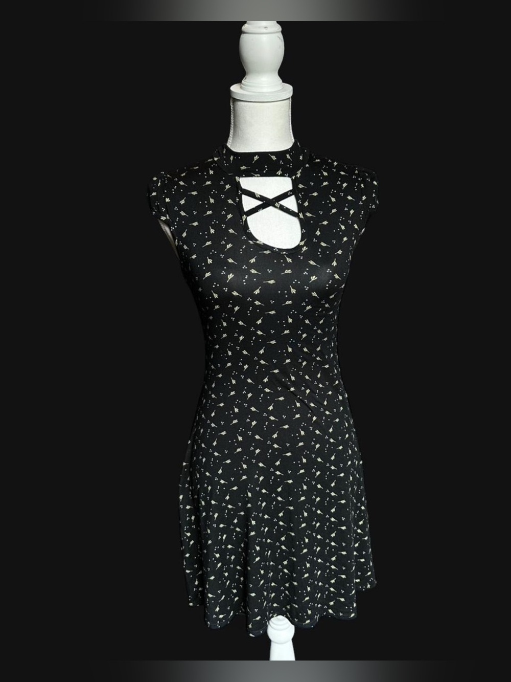 Black Floral Cutout Dress with Crisscross Detail